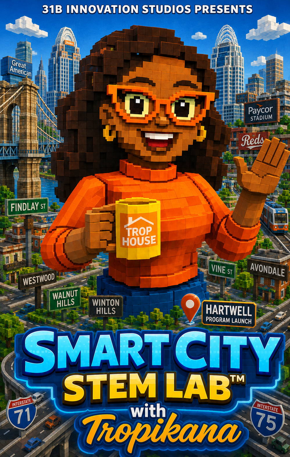 Minecraft-style Smart City STEM Lab with Tropikana artwork featuring Cincinnati landmarks and highways